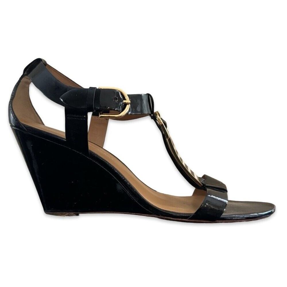 Aerin Black Patent Leather Strappy Wedge Sandal Sz 6.5 Heel 3.5”